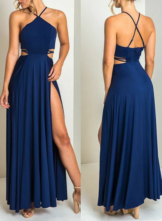 Spaghetti Long Halter Blue Evening Dresses with Slit A-Line Sexy Strappy Back Chiffon Abendkleider Robes de Soirée for Women | Свадьбы и