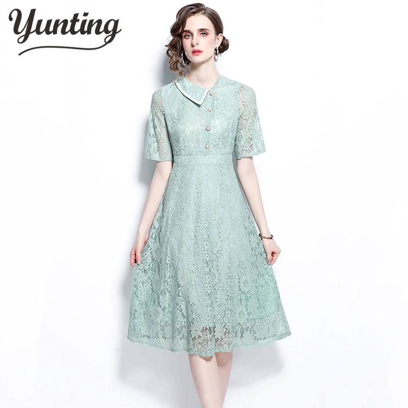 

2023 Summer Women Green Lace Slim Dress Female Elegant Crochet Hollow Out Casual Vestidos