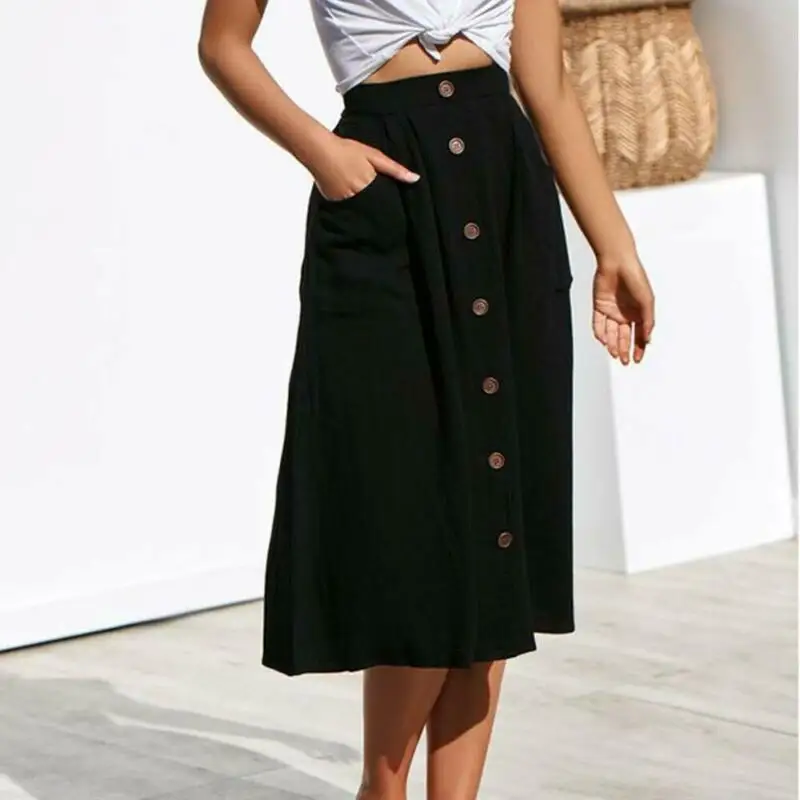 

Women Button Solid Elastic High Waist Beach Midi Skirts Pockets Easy Matching