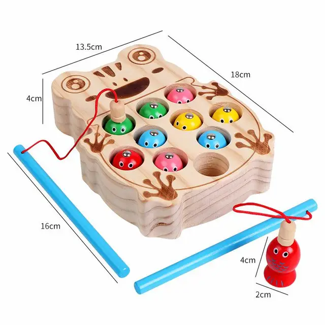 Wooden Double Pole Magnetic Frog Fishing Toy Montessori Hand Eye Coordination Focus Training Children Wooden Teaching Aids 4