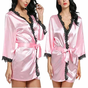 

Ladies Sexy Faux Satin Silk Night Dress Lace Women Sleepwear Nightie V-neck Nightdress Lace Up Sexy Short Nightgown Bathrobe A20