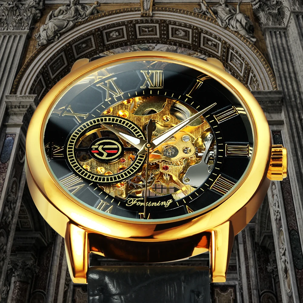 FORSINING Skeleton Watch Mechanical Watches Mens Top Brand Luxury Male Wristwatch Leather Strap часы мужские спортивные