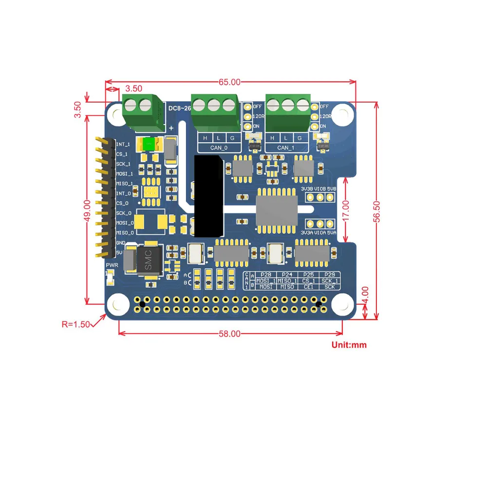 2 канала 8 Мбит/с Изолированная CAN шина Плата расширения встроенная схема защиты Поддержка CAN2.0 CAN FD для Raspberry Pi