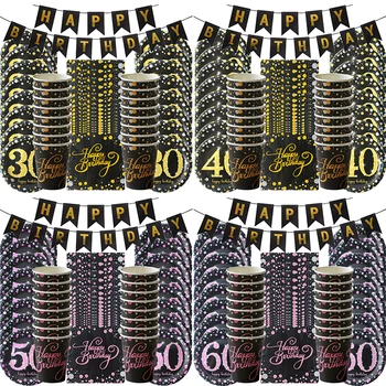 

30th 40th 50th 60th Birthday Party Supplies 49pcs Paper Plate Cup Napkin Banner Disposable Tableware Set Adult Birthday Party