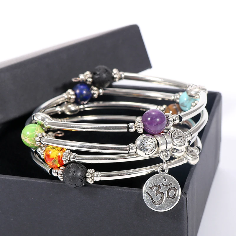 

Men Women 7 Chakra Bracelet 4 Stands Copper Tube Wrap Natural Stone Beads Health Yoga OM Charm Bracelets Hand Bangles Jewelry