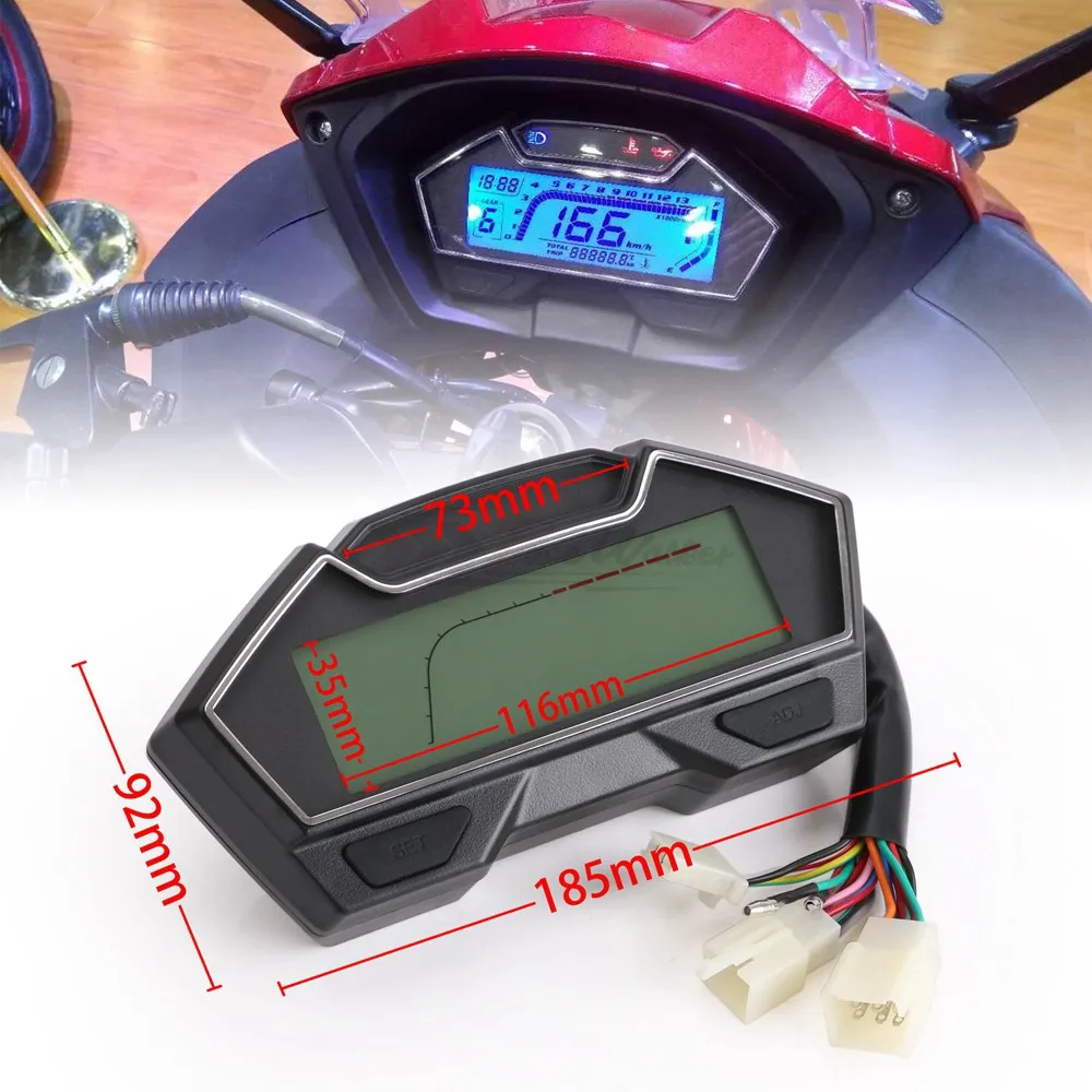 BLUERICE Universal 6 Gear Digital Motorcycle LED Speedometer Odometer Speed Fuel Gauge Water Temperature Gauge 299 Kph Mph with Bracket