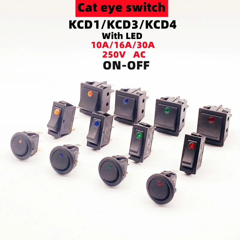 1 pces 3/4pin rocker button switch kcd1/3/4 on-off 2 posição mini olho de gato com led ac 6/10/16/30a 250v pés de cobre/prata contatos