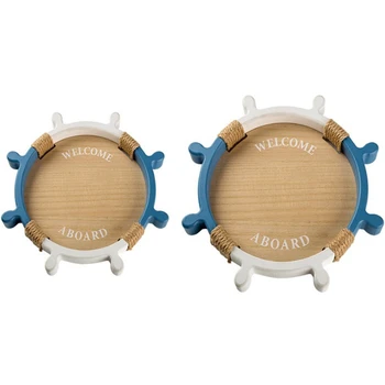 

Botique-2PCS Mediterranean Wooden Rudder Tray Simple Home Fruit Tea Cup Plate Ocean Wind Storage
