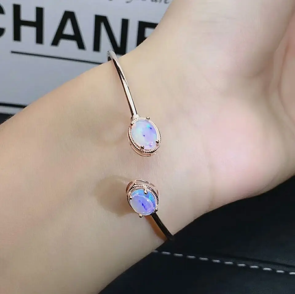 MeiBaPJ Real Natural Opal Gemstone Bracelet 925 Sterling Silver Colorful Stone Bangle for Women Fine Wedding Jewelry