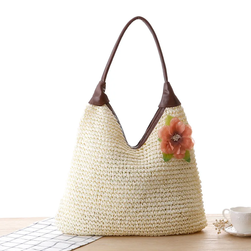 Flower Straw Bag Beach Tote Bag for Summer Vacation 