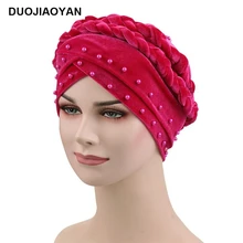 DUOJIAOYAN бархат для женщин тюрбан стиль жемчуг дамы длинный хвост банданы плетеные заклепки мусульманская зимняя шапка