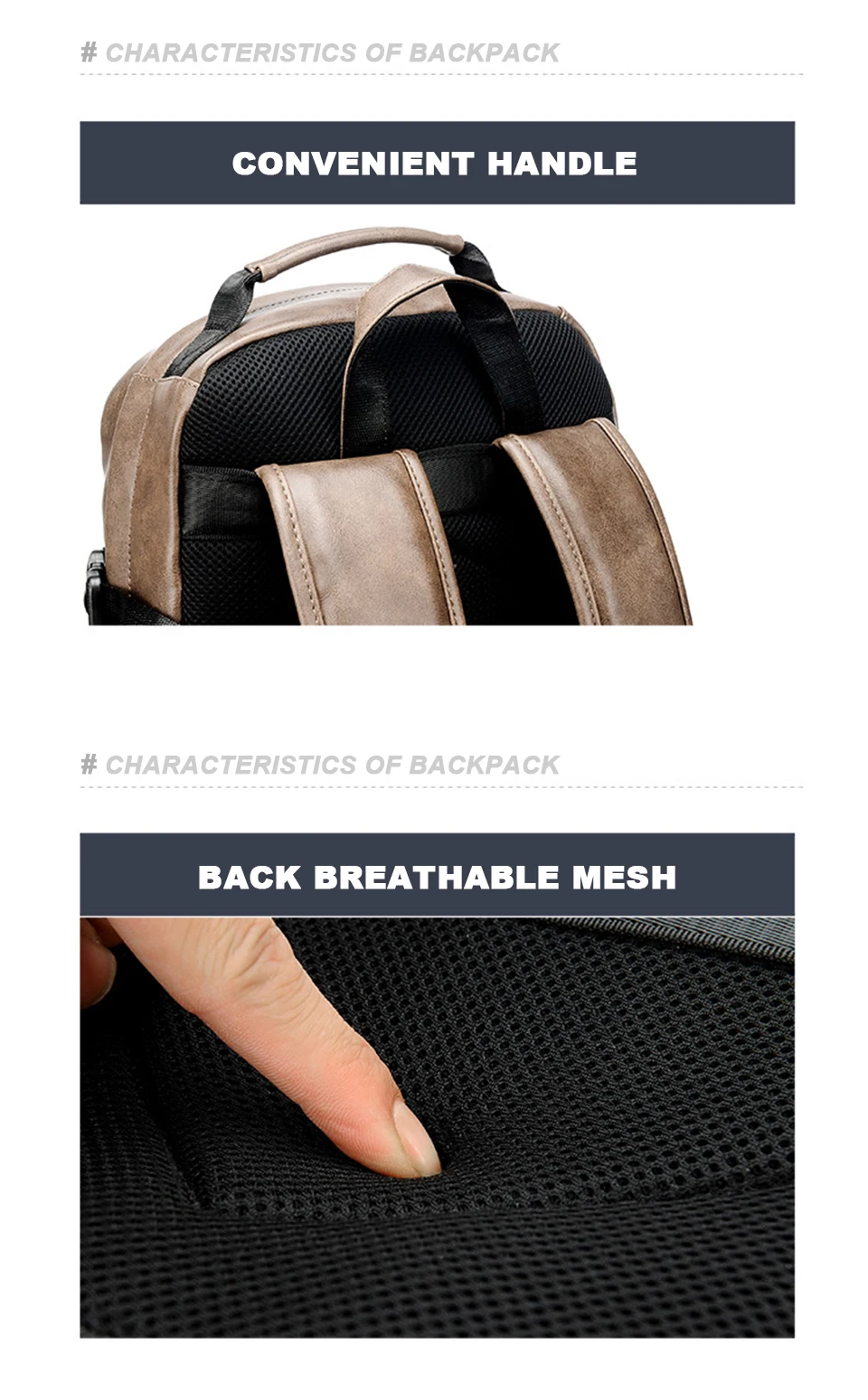 PU Leather Backpack USB Charger Men Bag Male Back Pack School Student Waterproof Laptop Bags Notebook Man 15.6 for Teenager Boys (5)