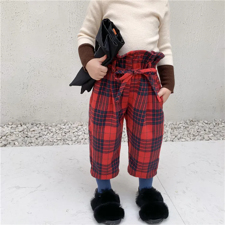 

Children hight waist Trousers Fall and Winter New Korean Version Girl Lattice Bract Radish Trousers with Belt toddler baby cloth