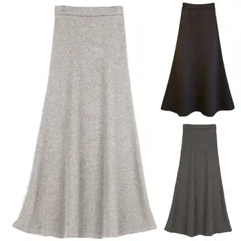 

Women Casual Solid Color High Waist Fleece Lined Stretchy Knitted Long Skirt