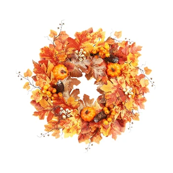 

Artificial Pumpkin Wreath Autumn Harvest Maple Leaf Garland Thanksgiving Decoration Halloween Party Supplies,55cm