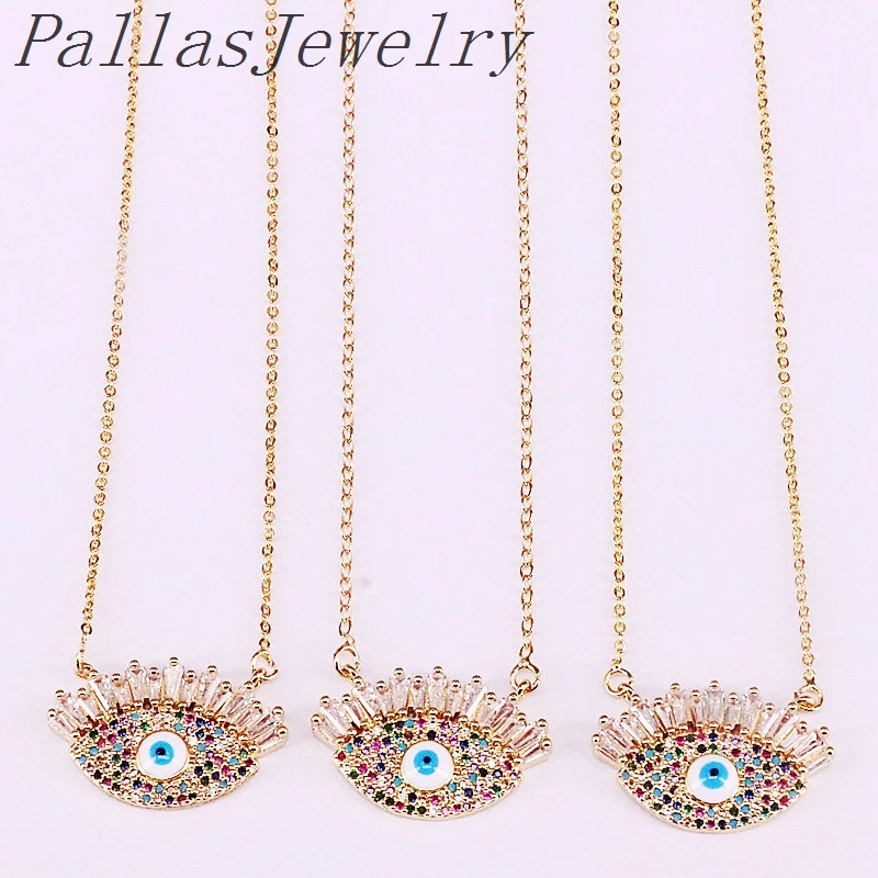 

10Pcs Charm Fashion Multi Colorful CZ Zirconia Micro Paved Gold Color Eyes Pendant Necklaces For Women Jewelry
