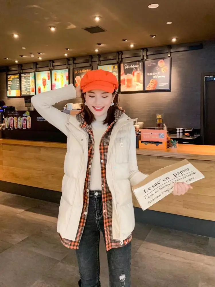 Qazwsxed женский высококачественный модный теплый короткий хлопковый жилет на молнии Зимний клетчатый свободный хлопковый жилет пальто