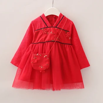 

Girls Chinese nationality Dress Retro disc buckle lace stand collar dress Chinese style embroidery flower Velvet child clothing