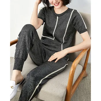 

Women's suit 2020 summer new Han Liangsi knitted suit female casual short-sleeved sweater feet pants two-piece suit