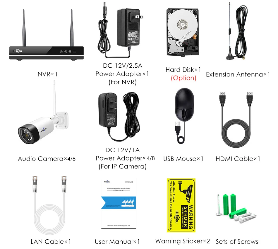 Hiseeu Беспроводная система видеонаблюдения 1080P 8ch 2MP ip-камера аудио Водонепроницаемая уличная система безопасности комплекты видеонаблюдения