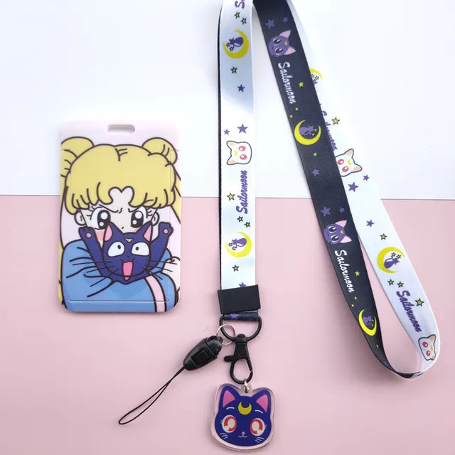 Anime Kawaii Cartoon Moon Cat Lanyard Wristband Credit Card ID Holder Bus Pass Staff Name Tag Badge Holders for Girls L