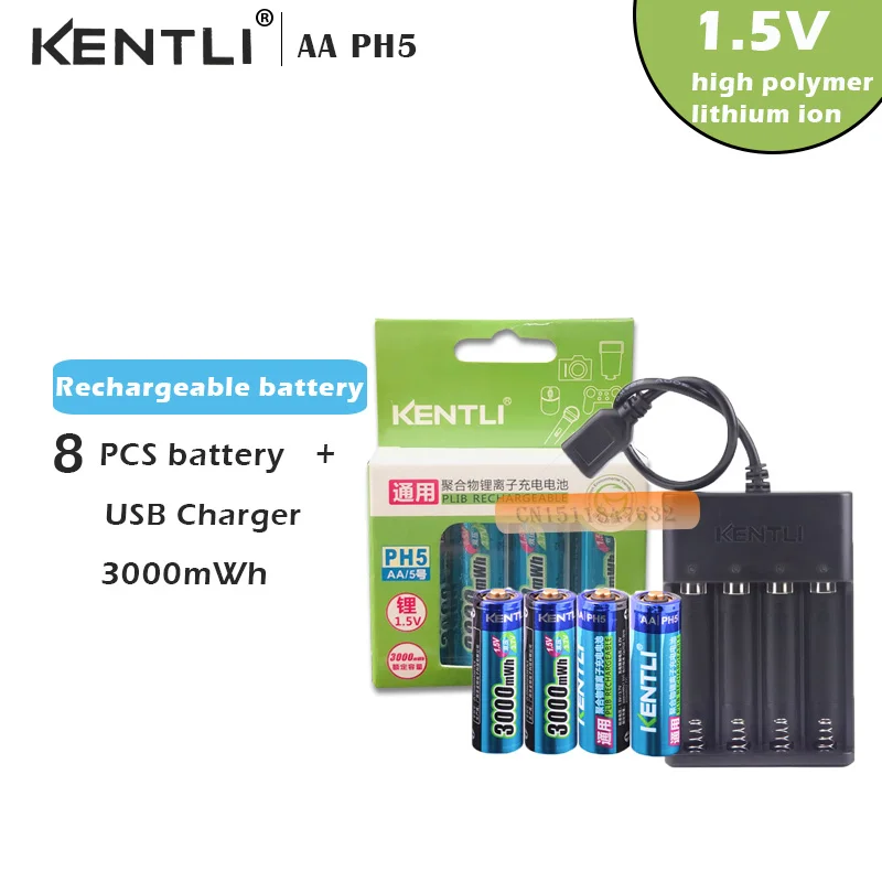 KENTLI 8 шт 1,5 v 3000 mwh литий-полимерный литий-ионный полимерный литиевый Аккумулятор AA+ 4 слота USB умное зарядное устройство