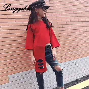 

Longqibao children's clothing girls red sweater female baby personality hole foreign trend catwalk sweater children's clothes