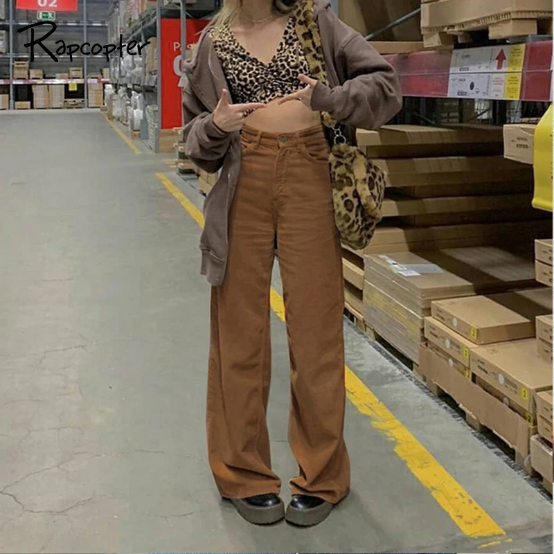 Rapcopter Khaki Corduroy Pants Women Harajuku Cargo Pants Y2K Wide Leg Trouser Autumn Winter High Waist Pants 90S Streetwear New