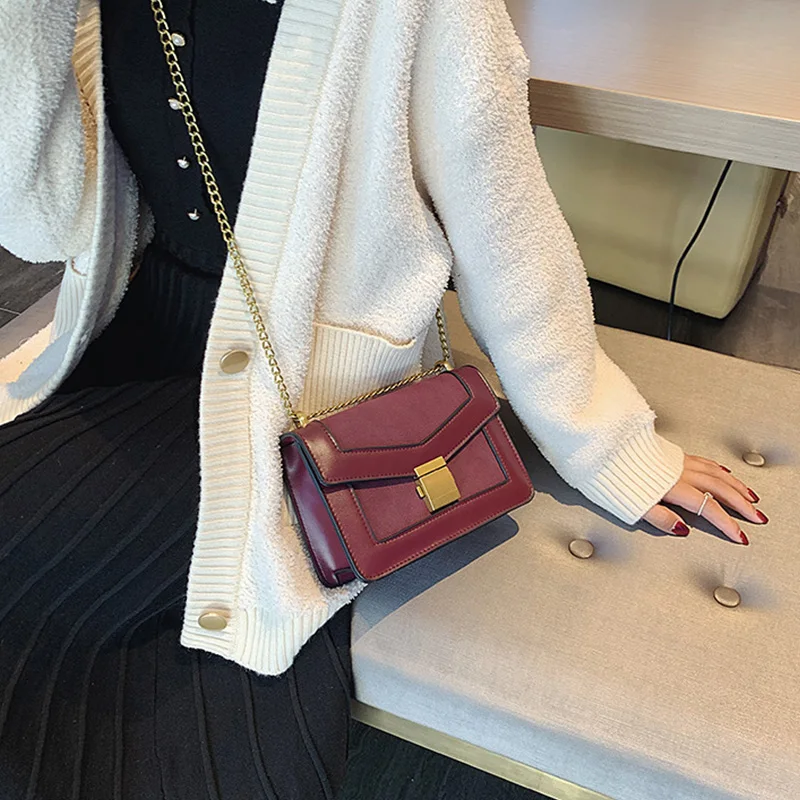 

Retro Scrub Women's Messenger Bags Fashion Panelled Chain Crossbody Bags For Women Simple Pu Leather Purses Ladies Shoulder bag