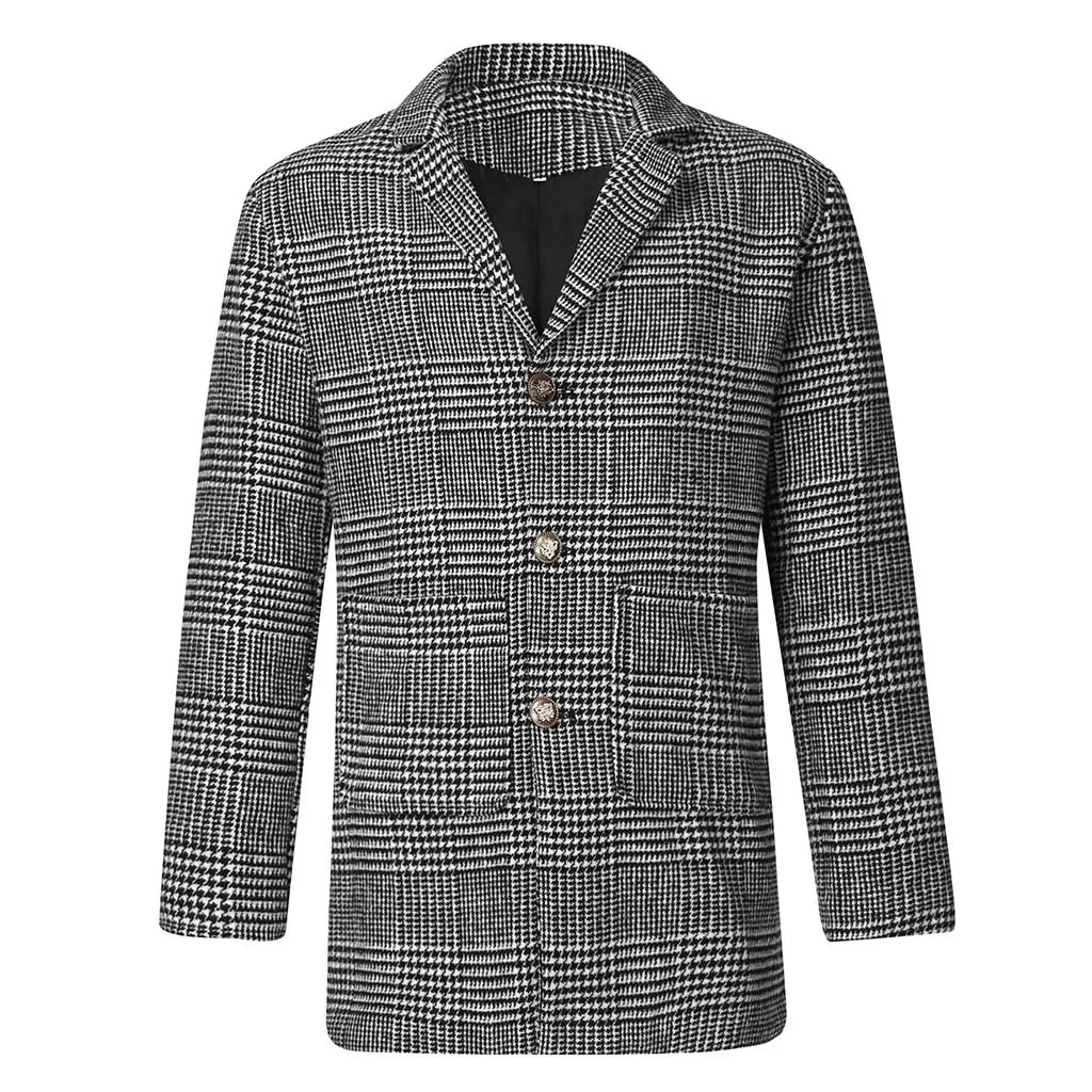 Зимнее мужское шерстяное пальто размера плюс, модное клетчатое повседневное длинное пальто на пуговицах, куртка с отложным воротником, мужское длинное шерстяное пальто, верхняя одежда
