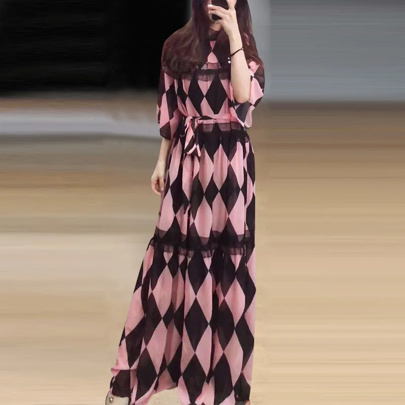 

Spring Summer Maxi Dress New Fashion 2019 Women's Tow Pieces Dress Suit Stand Half Sleeve Plaid Print Spliced Lace Long Dress