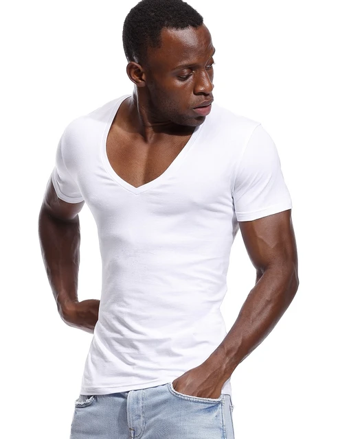 Deep V Neck T-Shirt Men Plain V-Neck T Shirts for Men Fashion