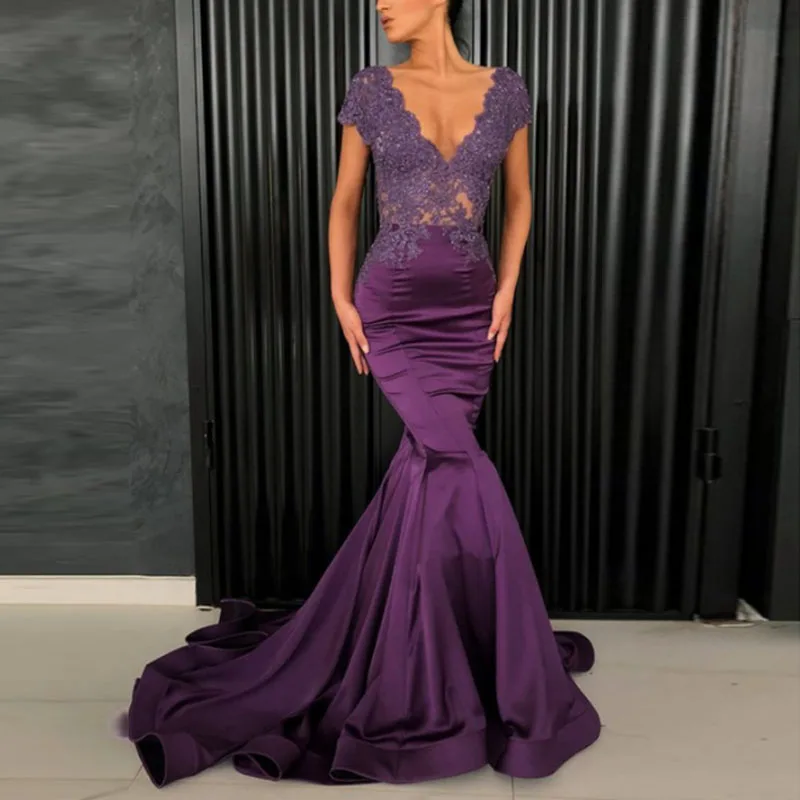 Длинные вечерние платья Русалка Кружева аппликация Кепки рукава Иллюзия Топ атласные вечерние платья для выпускного вечера вечерние платья vestido de festa дешево