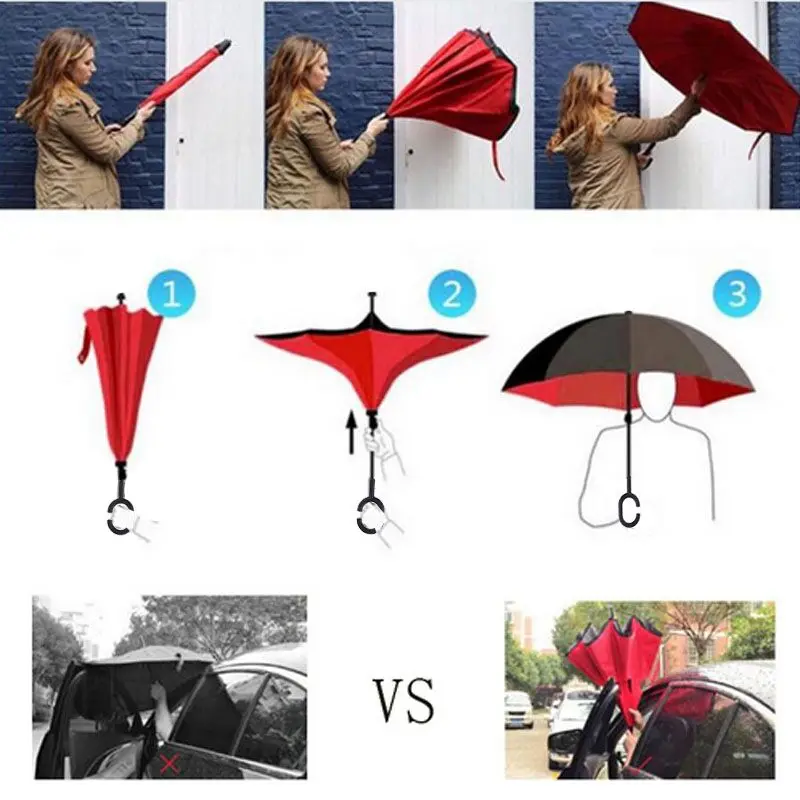 Двухслойный обратный зонтик от дождя для женщин с длинной ручкой для женщин и мужчин, самостоящий зонтик, перевернутый ветрозащитный женский зонтик