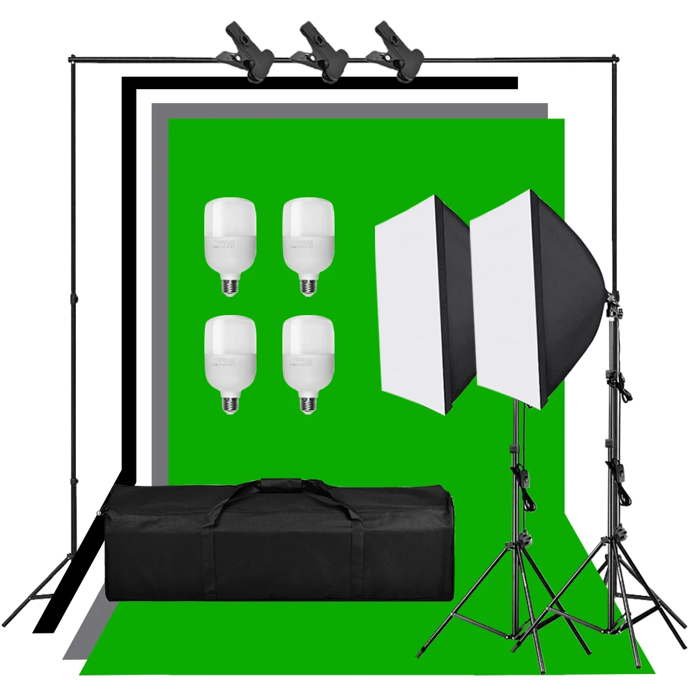 

Professional Photography Lighting Equipment Kit Softbox 4pcs 25W Bulb Black Gray Green White Backdrop Screen Background Stand