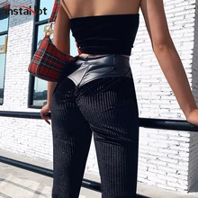 InstaHot Black Knit Faux Leather Patchwork Pencil High Waist Pants Casual Elastic Women Trousers Autumn Slim Skinny Lady Capris InstaHot Black Knit Faux Leather Patchwork Pencil High Waist Pants Casual Elastic Women Trousers Autumn Slim Skinny Lady Capris