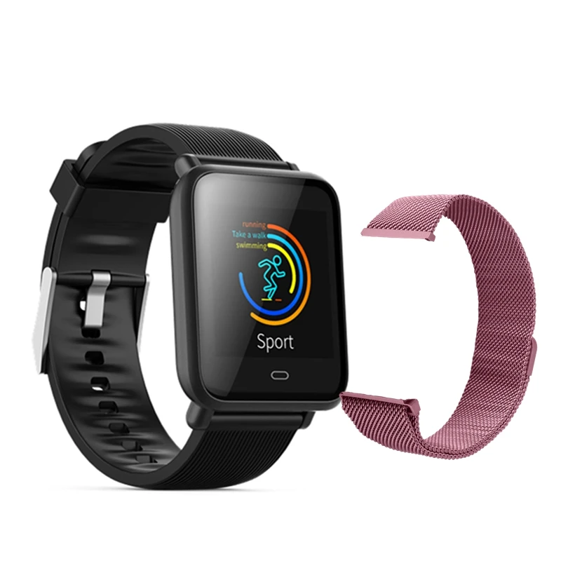 Q9 спортивные умные часы, часы на Android для женщин и мужчин, водонепроницаемые умные часы с сердечным ритмом, кровяное давление, умные часы для IOS телефона - Цвет: add pink steel