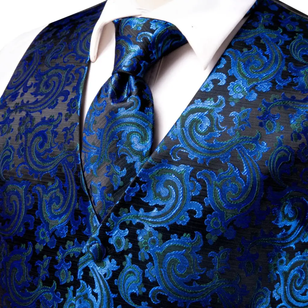 Hi-Tie 20 Color Silk Men's Vests and Tie Business Formal Dresses Slim Vest 4PC Hanky cufflinks for Suit Blue Paisley Waistcoat