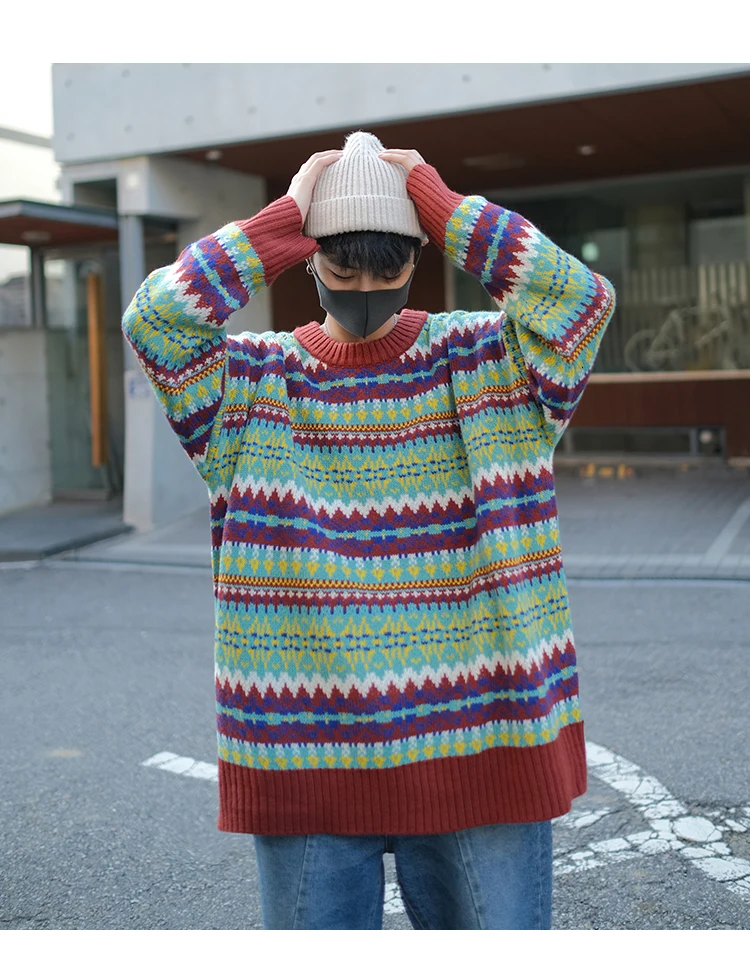 Зимний мужской свитер с модным принтом, повседневный вязаный пуловер с круглым вырезом, Мужская Уличная одежда, свободный ретро свитер