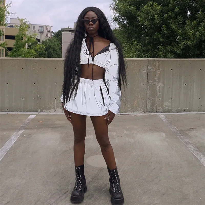

2Pcs Set Women Reflective Tracksuit Crop Top Long Sleeve Hooded Top Short Skirt Bodycon New Sport Gym Zipper Women Two Piece Set