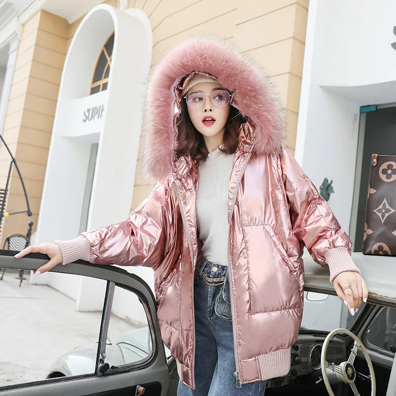 

2019 Winter New Style Thick Commuting Long Sleeve Large Fur Collar Hooded Solid Color Bright Surface Cotton-padded Clothes Cotto