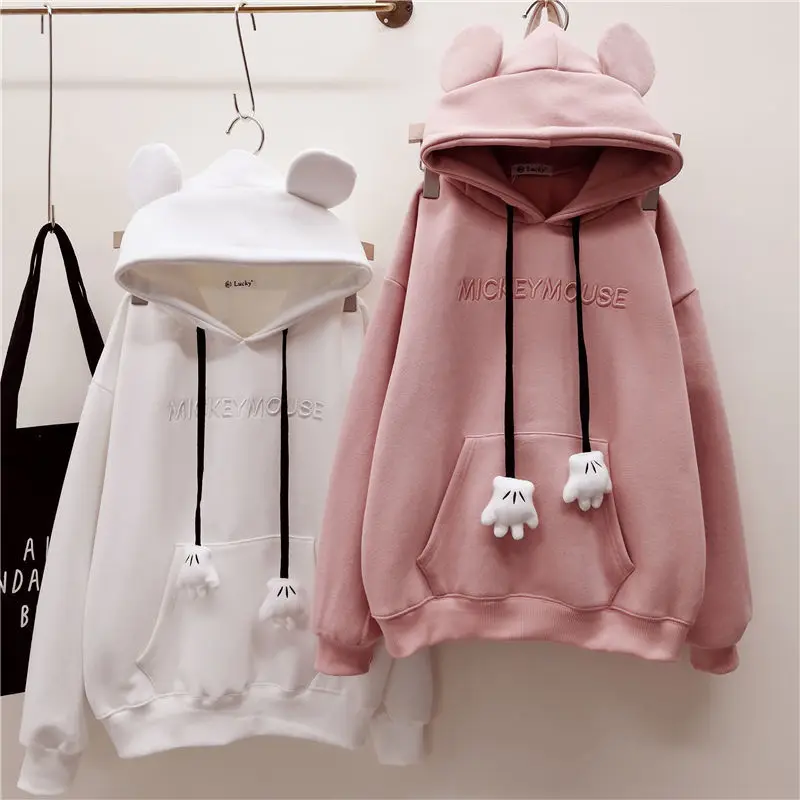 Women Autumn Winter Casual Loose Embroidery Bunny Ears Hooded Sweatshirt Long Sleeve Pocket Hoodies Female Korean Top Clothes | Женская