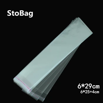 

StoBag 200pcs 6*29cm Clear Long Plastic Bag Self Adhesive OPP Cosmetic Gift Jewelry Packaging Bag Cellophane Bag Resealable Poly