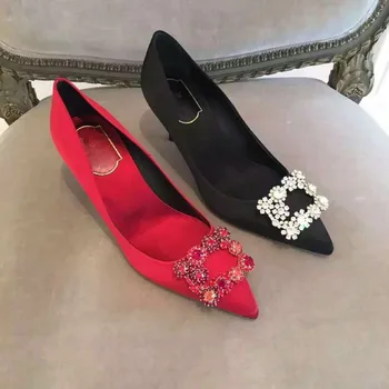 

Toe Satin Women Pumps High Heels Sexy Party Wedding Lady shoes Hot Sales Flowers Crystal Buckle Stud Zapatos Mujer Point