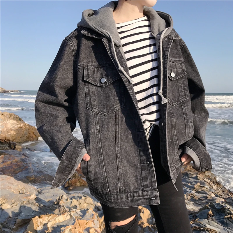 

Women's Denim Jacket Oversized Hooded Jeans Jacket With Removable Hood Boyfriend Style /