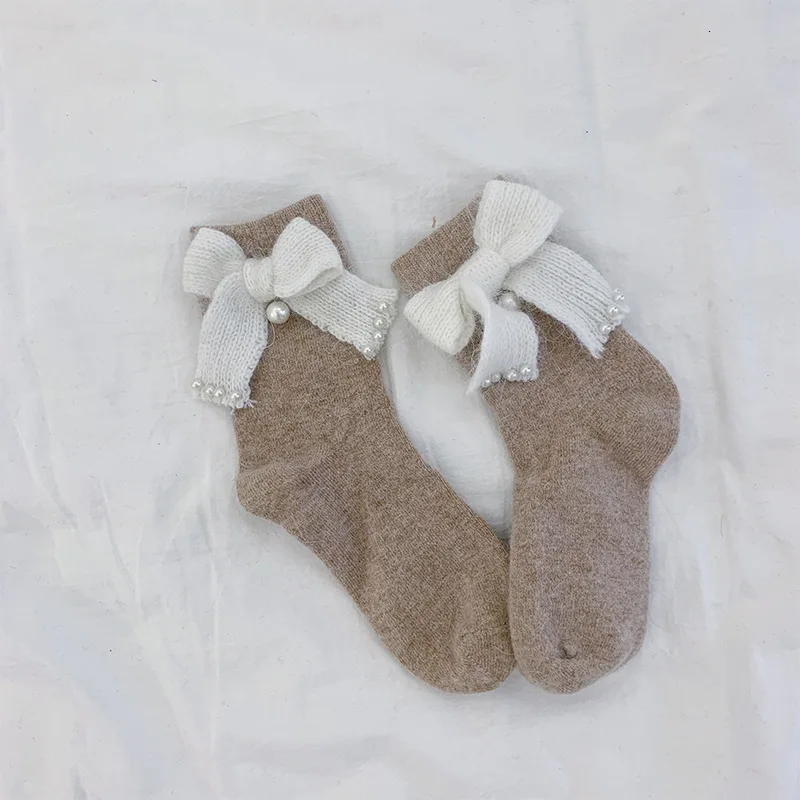 SP& CITY Японский лук из кроликовой шерсти Для женщин теплые носки зимние утепленные Утепленная одежда женские носки однотонные, стиль Харадзюку короткие носки милые носки - Цвет: camel