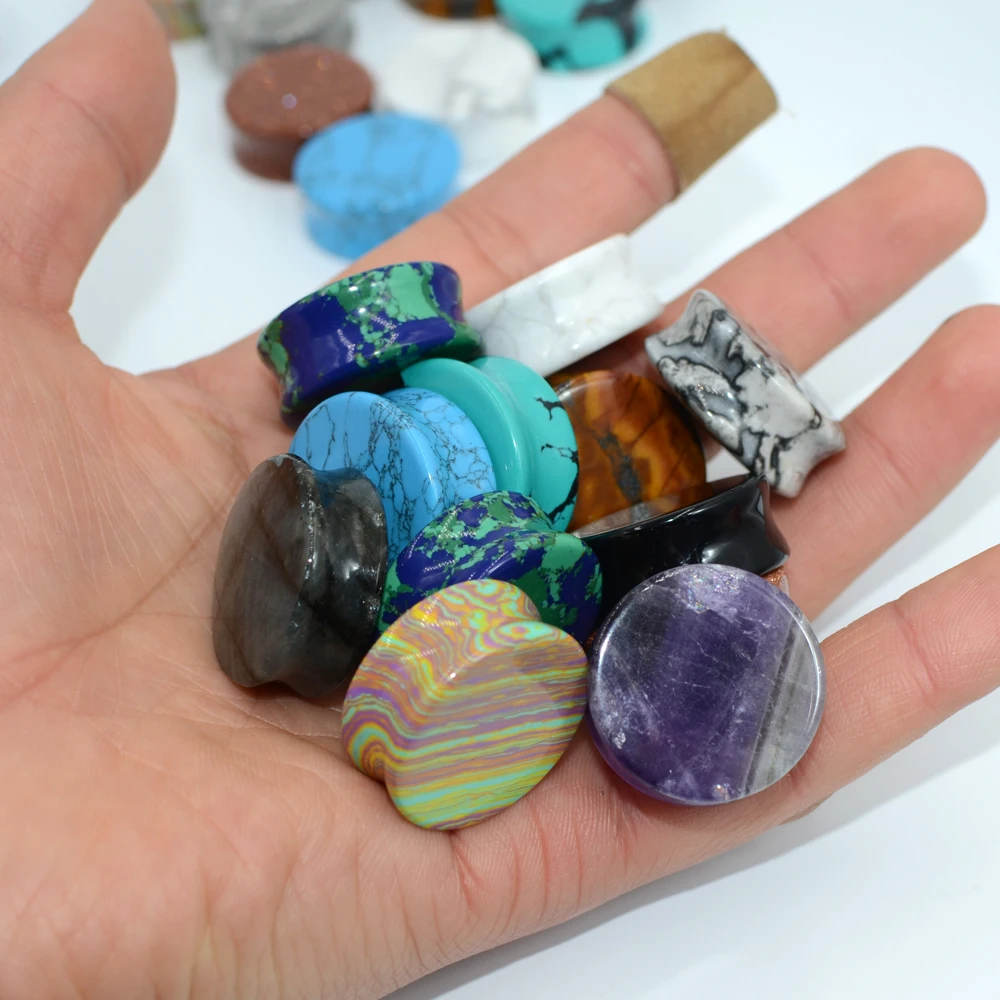2PCS Natural Stone Double Flared Plug Opal Quartz Ear Tunnel Gauge Colorful Stone Ear Expander Weight piercing jewelry
