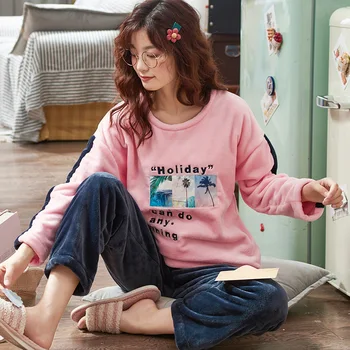 

Feier Autumn Women 2 Pieces Pyjamas Sets pajamas Sleepwear Thick Warm Coral Flannel nightgown Female Cartoon Animal Pijama Mujer