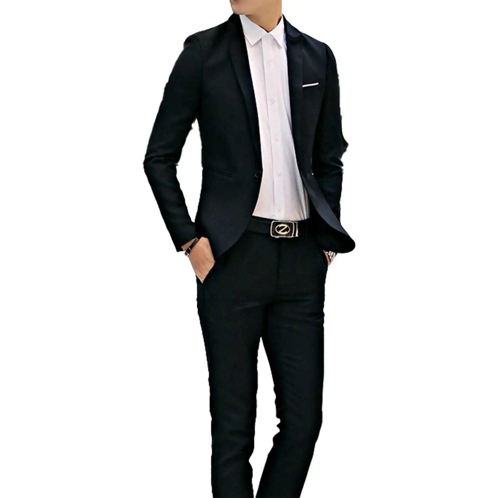 2Pcs Men Gentleman Suit One-Button Notch Flap Pockets Lapel Long Sleeve Jacket Blazer Long Pants Set for Office Meetings