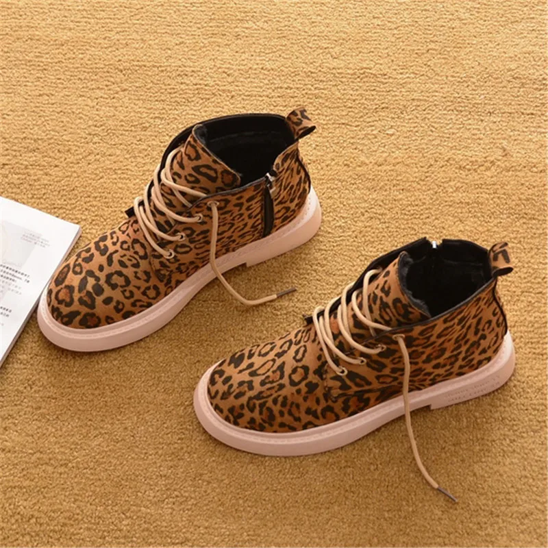 Fashion Leopard  Winter Brand Women Shoes Round Toe Lace-Up Ankle Boots Zipper Low-heel Casual Lady Flat Platform Boots Sneakers (16)